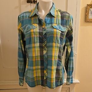 Columbia green and yellow plaid cotton button-down shirt Sz XL